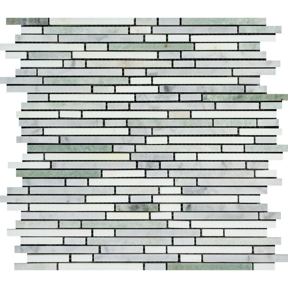 Carrara White Marble Polished Tricolor (Carrara+Thassos +Ming-Green ) Bamboo Sticks Mosaic-Marble Mosaic-American Tile Depot