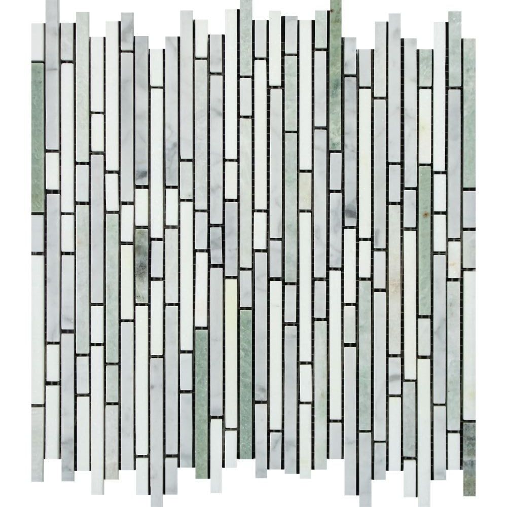 Carrara White Marble Polished Tricolor (Carrara+Thassos +Ming-Green ) Bamboo Sticks Mosaic-Marble Mosaic-American Tile Depot