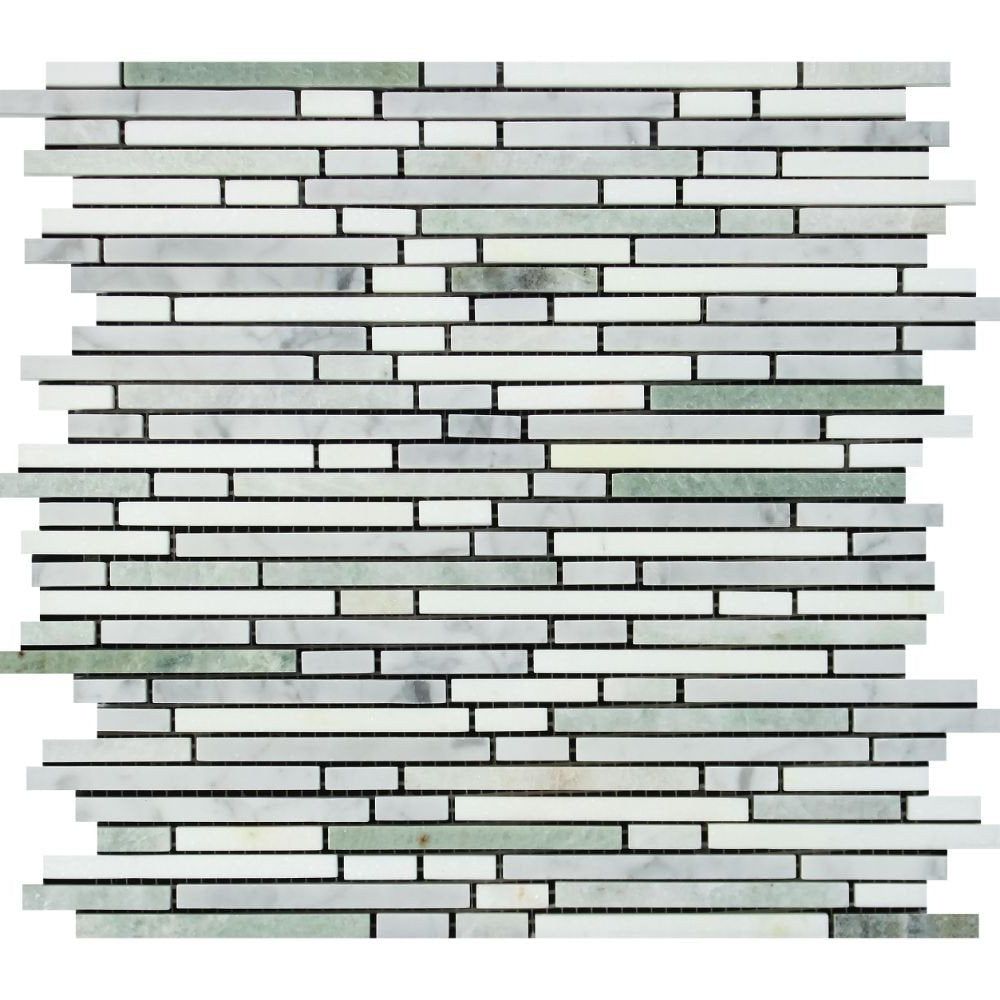 Carrara White Marble Polished Tricolor (Carrara+Thassos +Ming-Green ) Bamboo Sticks Mosaic-Marble Mosaic-American Tile Depot