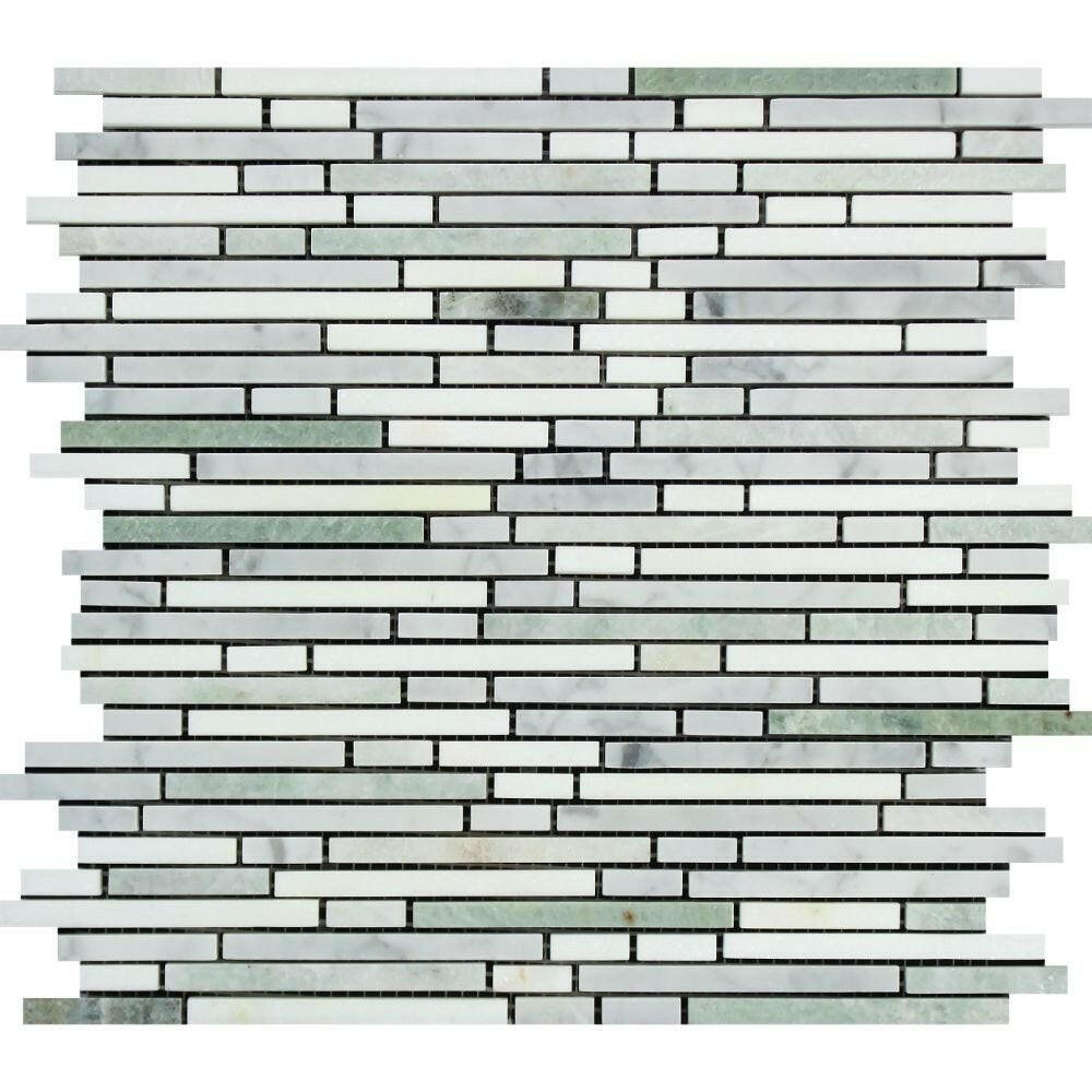 Carrara White Marble Polished Tricolor (Carrara+Thassos +Ming-Green ) Bamboo Sticks Mosaic-Marble Mosaic-American Tile Depot