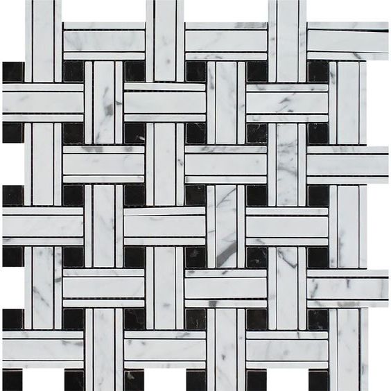 Carrara White Marble Polished Triple Weave Mosaic Tile w / Black Dots-Marble Mosaic-American Tile Depot