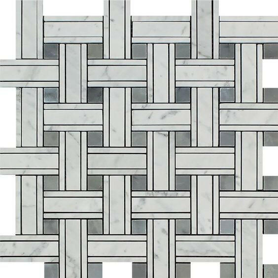 Carrara White Marble Polished Triple Weave Mosaic Tile w / Blue Gray Dots-Marble Mosaic-American Tile Depot