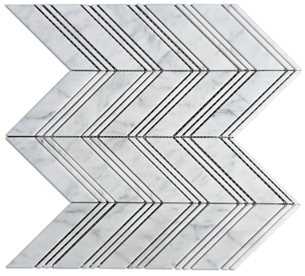 Carrara White Marble Honed Large Chevron Mosaic Tile w / Carrara Strips-Marble Mosaic-American Tile Depot