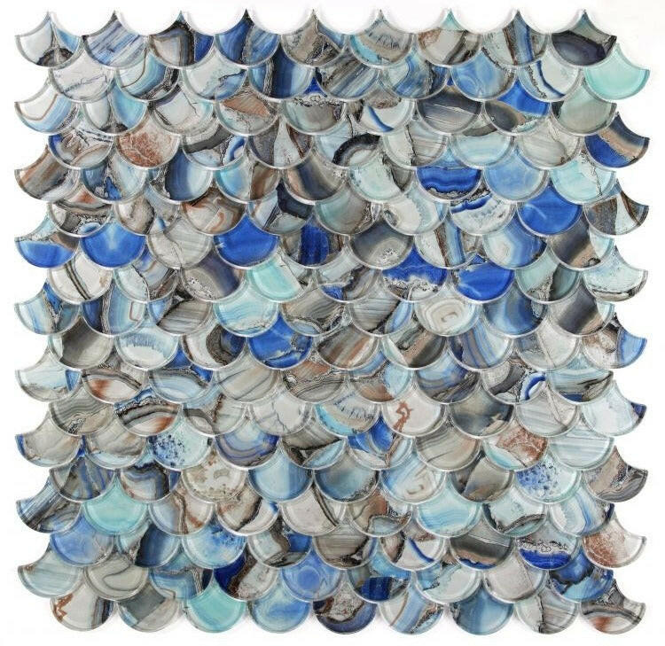 Clam Pisces Blue Glossy Scale Glass Mosaic Wall Tile-Glass Mosaic-American Tile Depot