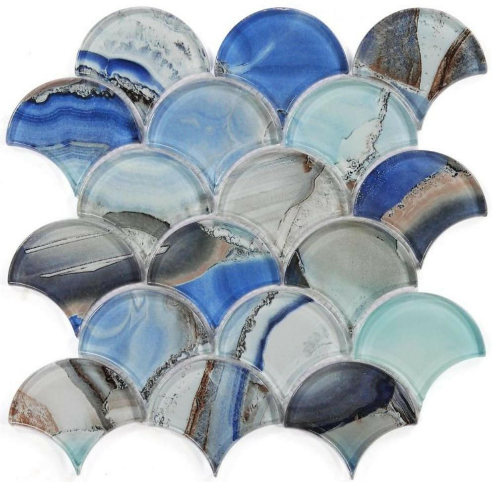 Clam Pisces Blue Glossy Scale Glass Mosaic Wall Tile-Glass Mosaic-American Tile Depot