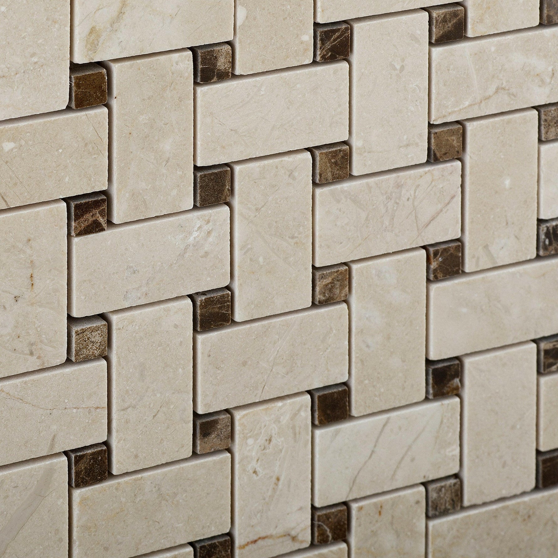 Crema Marfil Marble Honed Basketweave Mosaic Tile w/ Emperador Dark Dots-Marble Mosaic-American Tile Depot