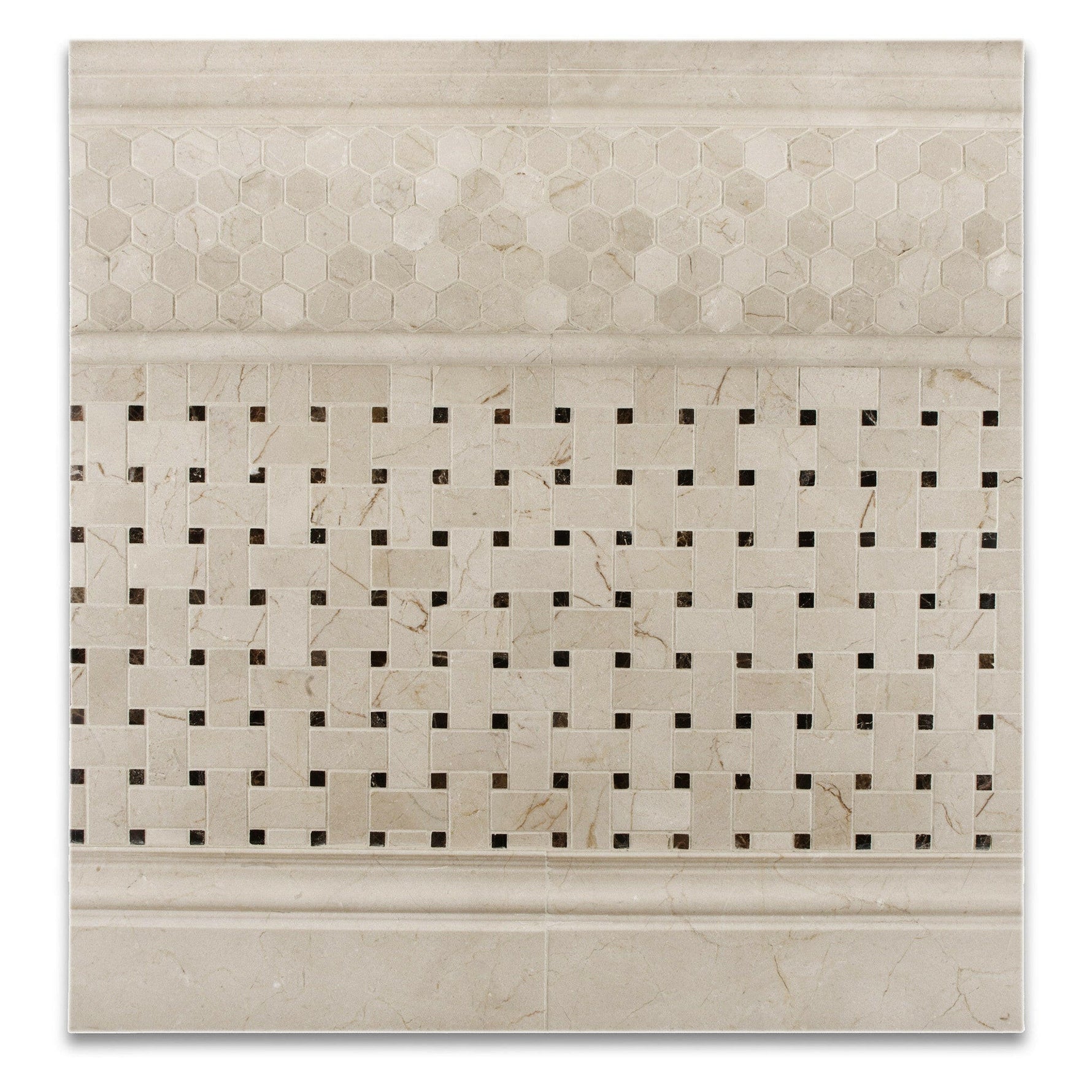 Crema Marfil Marble Honed Basketweave Mosaic Tile w/ Emperador Dark Dots-Marble Mosaic-American Tile Depot