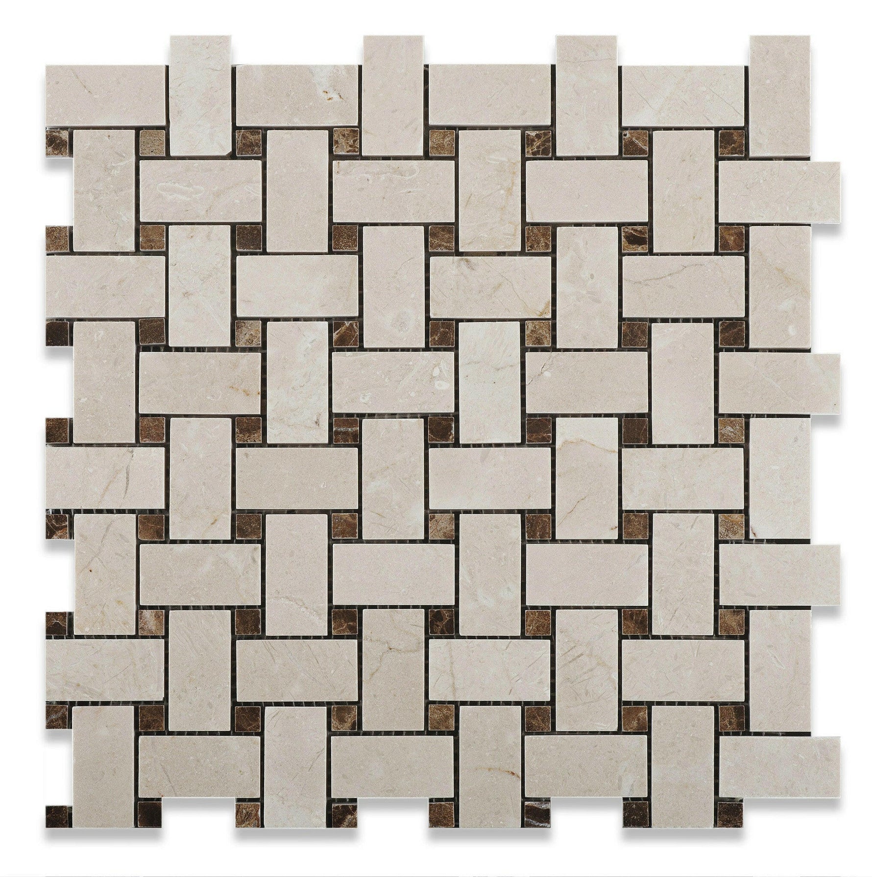 Crema Marfil Marble Honed Basketweave Mosaic Tile w/ Emperador Dark Dots-Marble Mosaic-American Tile Depot