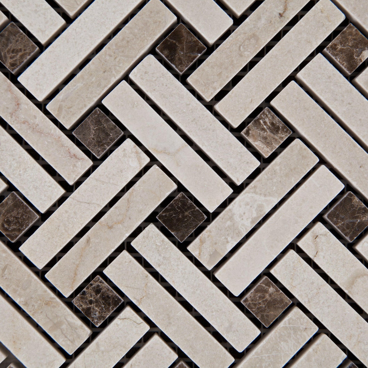 Crema Marfil Marble Honed Stanza Basketweave Mosaic Tile w/ Emperador Dark Dots-Marble Mosaic-American Tile Depot