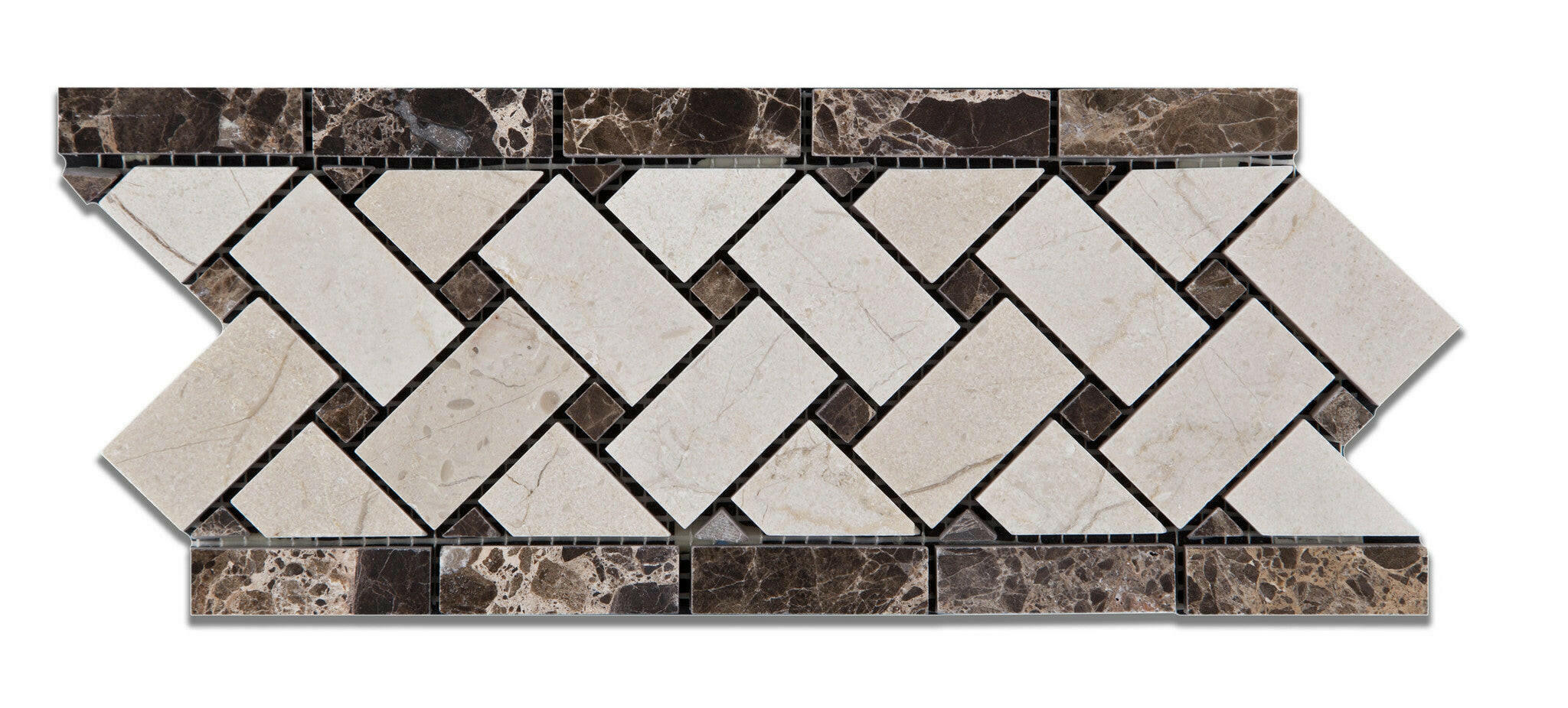 Crema Marfil Marble Polished Basketweave Border Listello w/ Emperador Dark Dots-Marble Border-American Tile Depot