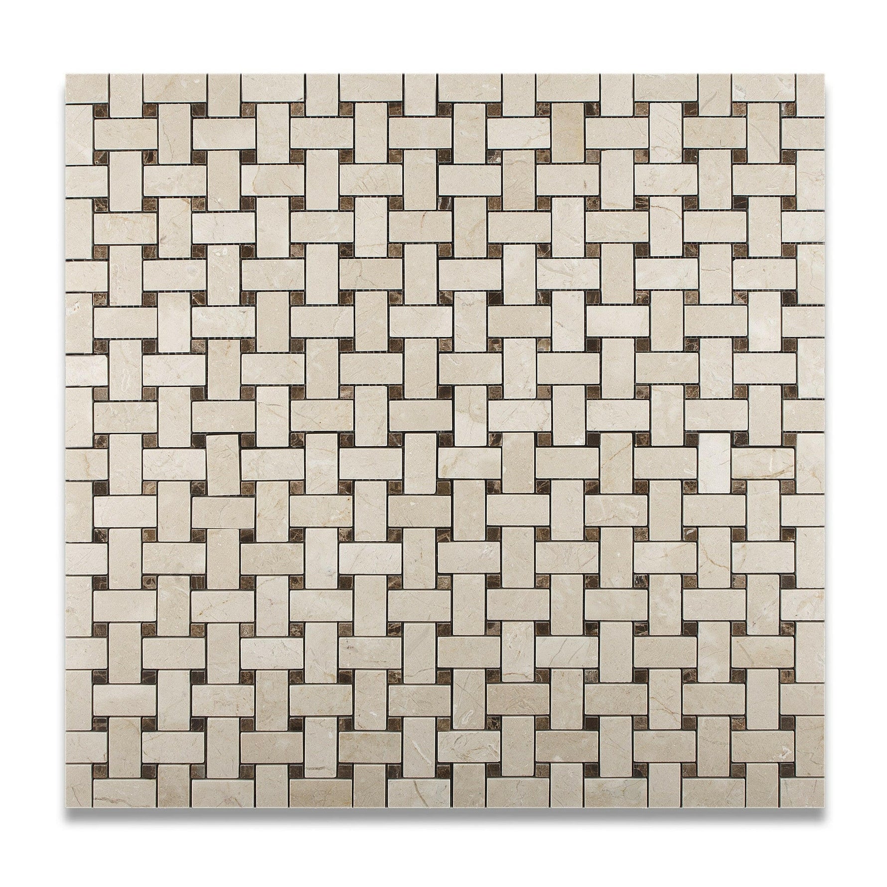 Crema Marfil Marble Polished Basketweave Mosaic Tile w/ Emperador Dark Dots-Marble Mosaic-American Tile Depot