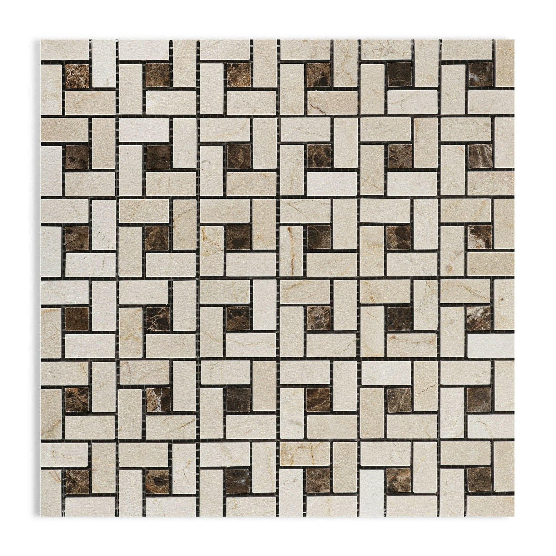 Crema Marfil Marble Polished Pinwheel Mosaic Tile w/ Emperador Dark Dots-Marble Mosaic-American Tile Depot