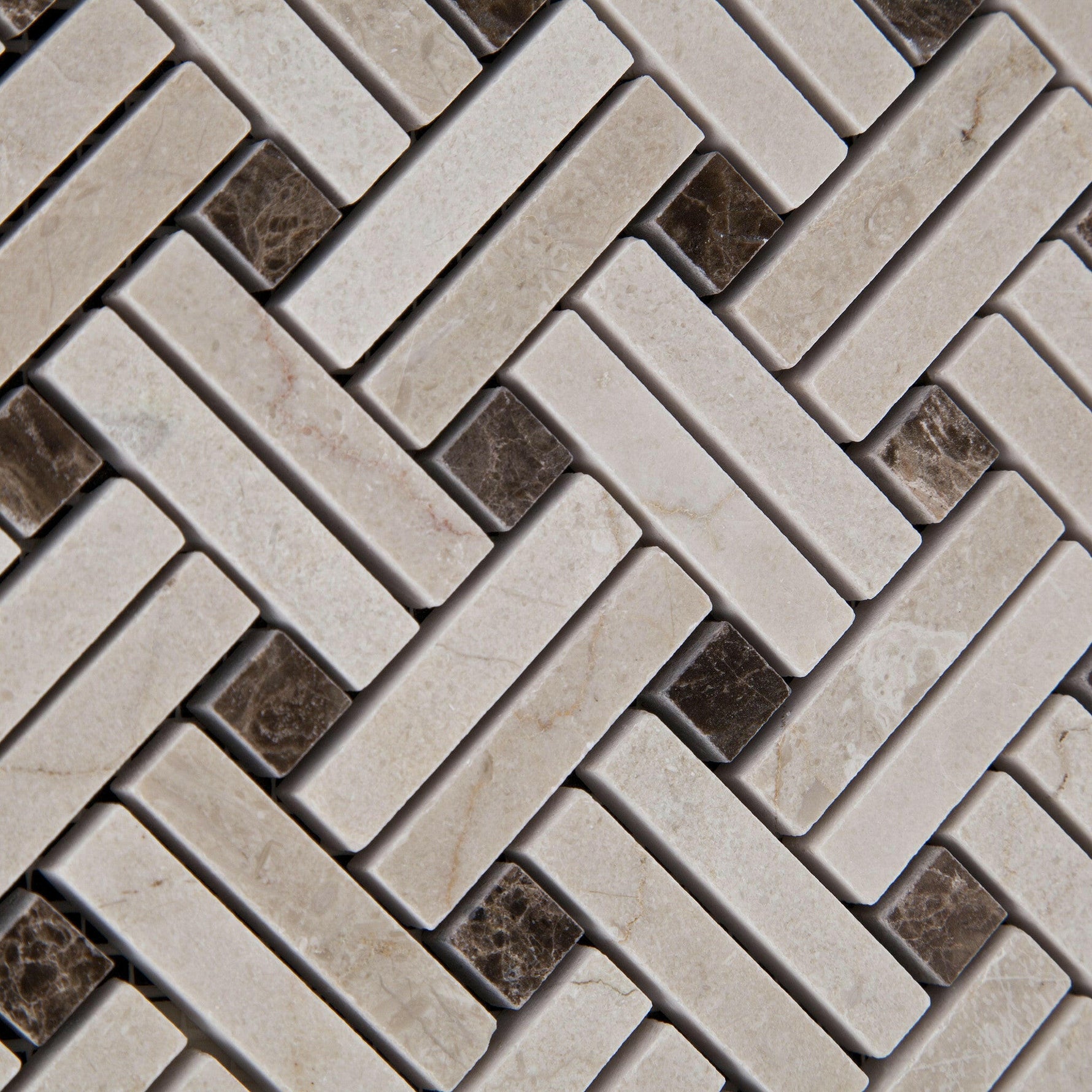 Crema Marfil Marble Polished Stanza Basketweave Mosaic Tile w/ Emperador Dark Dots-Marble Mosaic-American Tile Depot