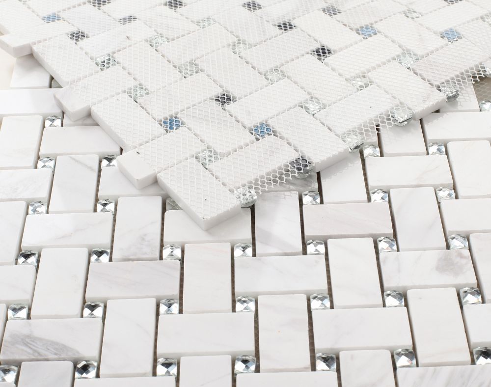 Sample of Precious Stone Cross White Basketweave Mosaic Wall Tile-Sample-American Tile Depot