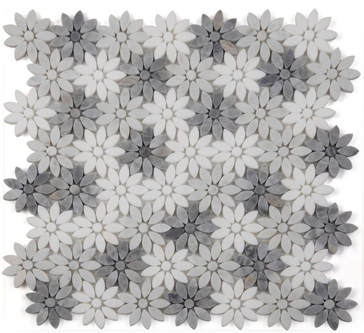 Aster Wild Grey Polished Flower Marble Mosaic Tile-Marble Mosaic-American Tile Depot