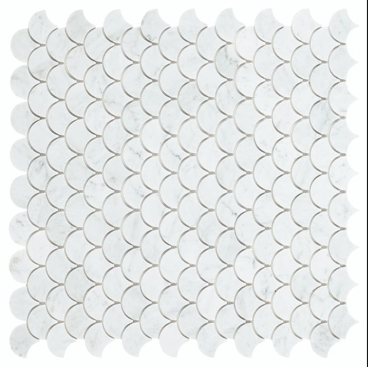 Fish Scale Carrara Polished Marble Mosaic Tile-Marble Mosaic-American Tile Depot