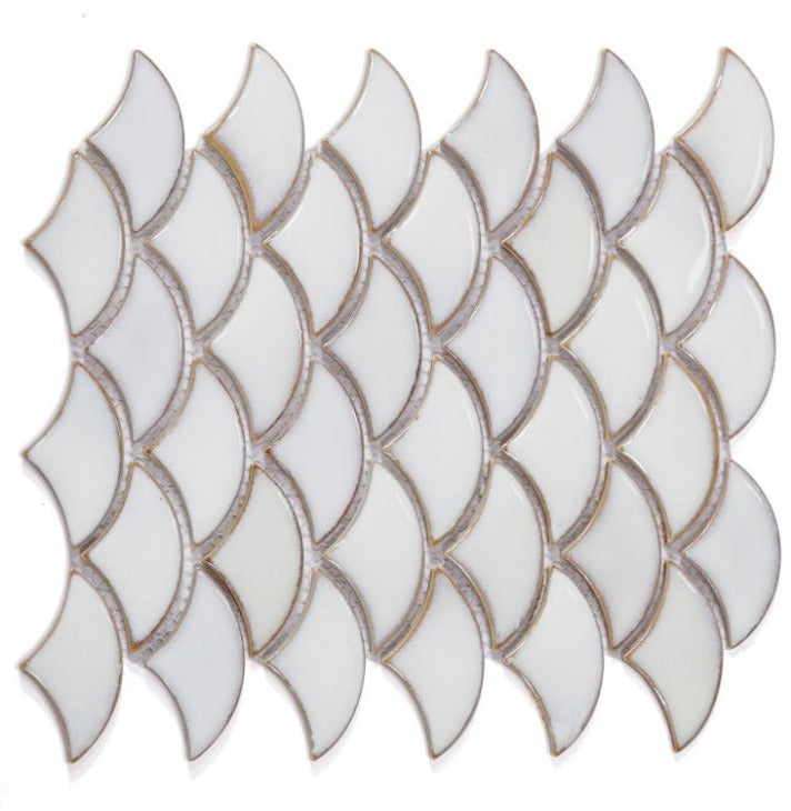 Fish Scale Fancy White Glossy Porcelain Mosaic Tile-Porcelain Mosaic-American Tile Depot