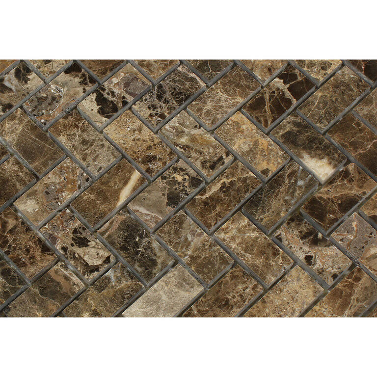 Emperador Dark Marble Polished 1 x 2 Herringbone Mosaic Tile-Marble Mosaic-American Tile Depot