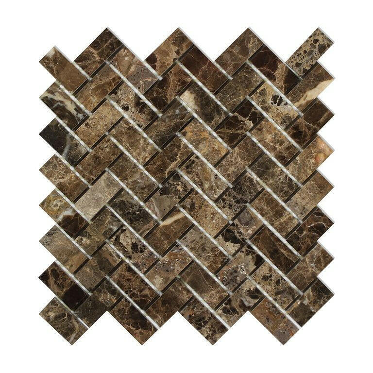 Emperador Dark Marble Polished 1 x 2 Herringbone Mosaic Tile-Marble Mosaic-American Tile Depot