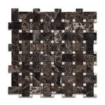 Emperador Dark Marble Polished Basketweave Mosaic Tile w/ Crema Marfil Dots-Marble Mosaic-American Tile Depot