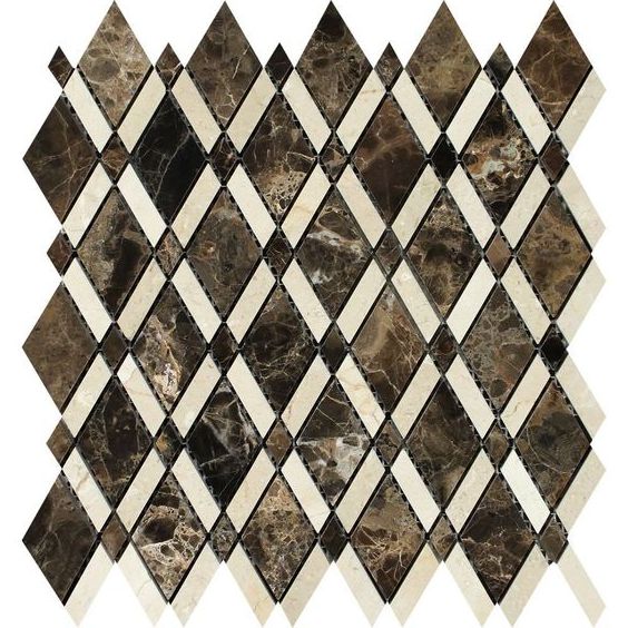 Emperador Dark Marble Polished Lattice Mosaic Tile w/ Crema Marfil Stripe-Marble Mosaic-American Tile Depot