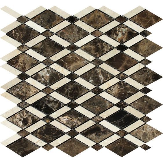 Emperador Dark Marble Polished Lattice Mosaic Tile w/ Crema Marfil Stripe-Marble Mosaic-American Tile Depot