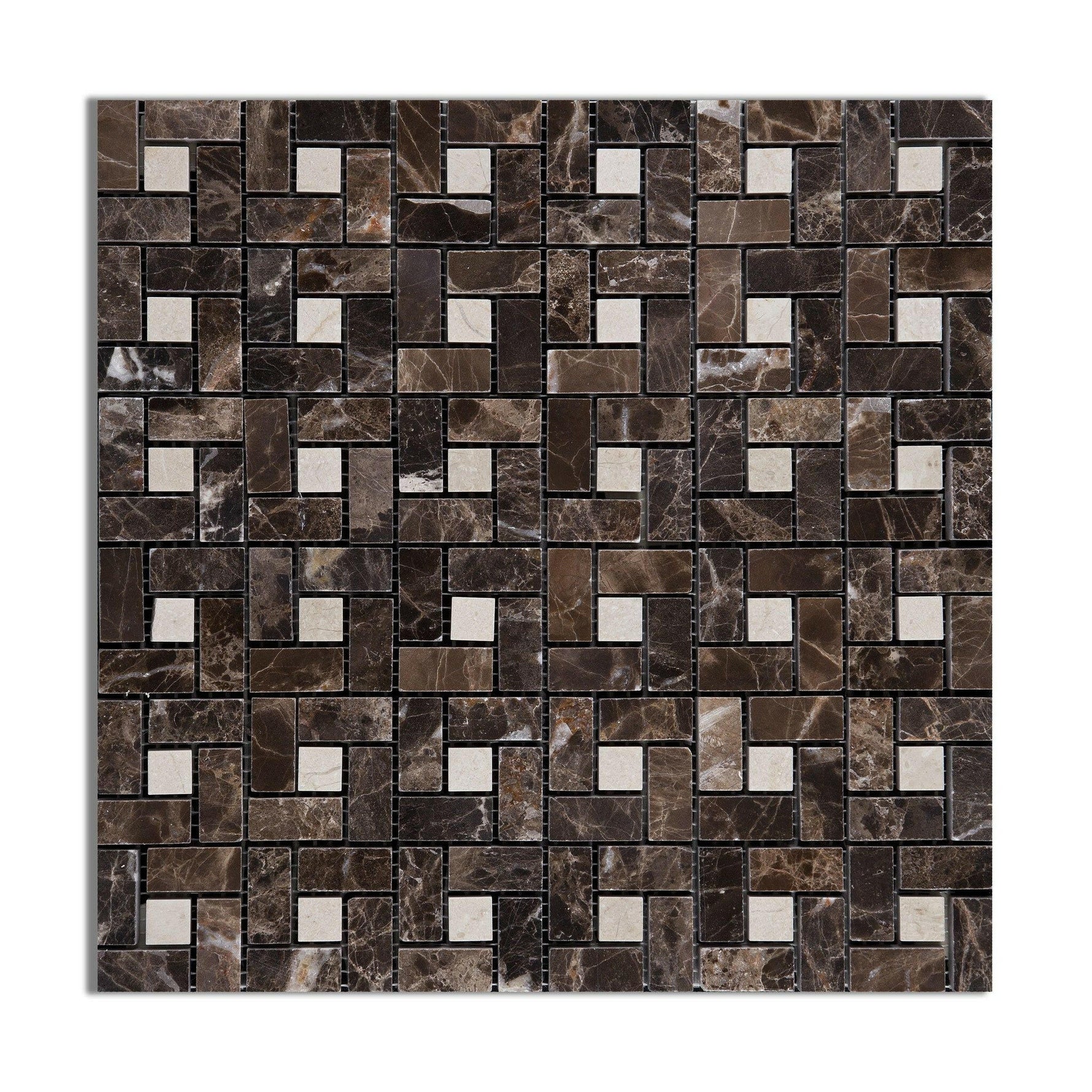 Emperador Dark Marble Polished Pinwheel Mosaic Tile w/ Crema Marfil Dots-Marble Mosaic-American Tile Depot