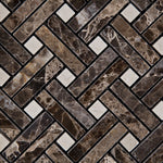 Emperador Dark Marble Polished Stanza Basketweave Mosaic Tile w/ Crema Marfil Dots-Marble Mosaic-American Tile Depot