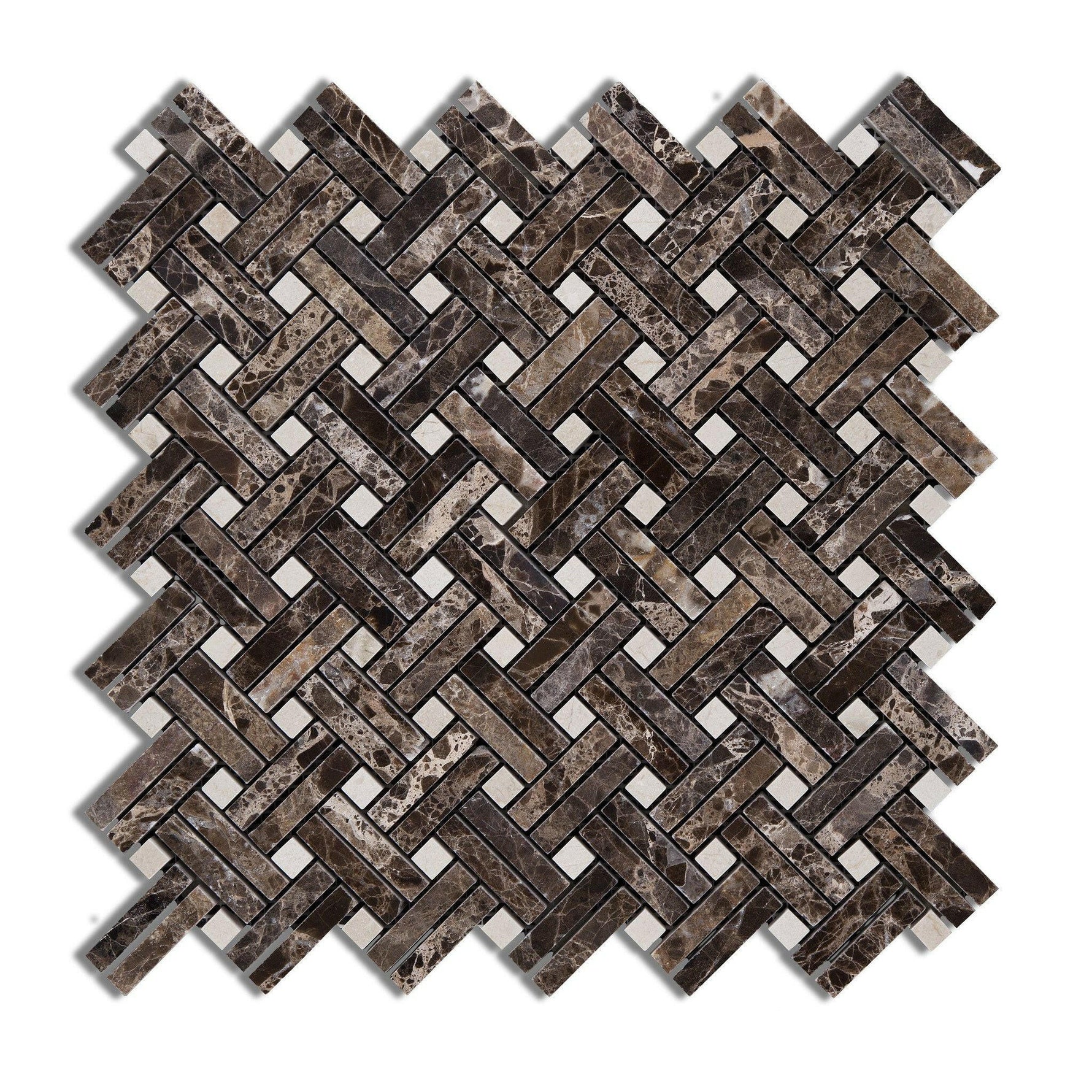 Emperador Dark Marble Polished Stanza Basketweave Mosaic Tile w/ Crema Marfil Dots-Marble Mosaic-American Tile Depot