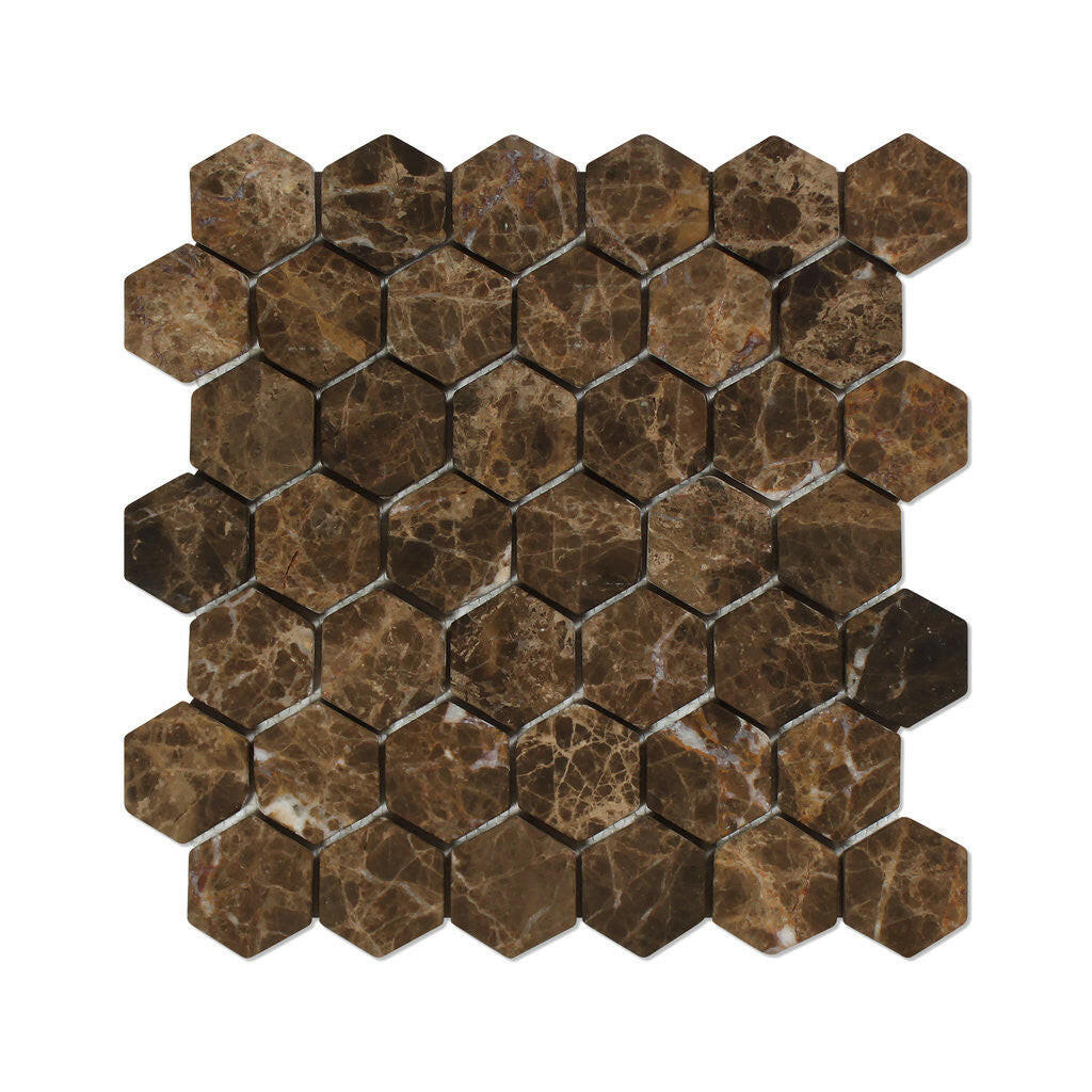 Emperador Dark Marble Tumbled 2" Hexagon Mosaic Tile-Marble Mosaic-American Tile Depot