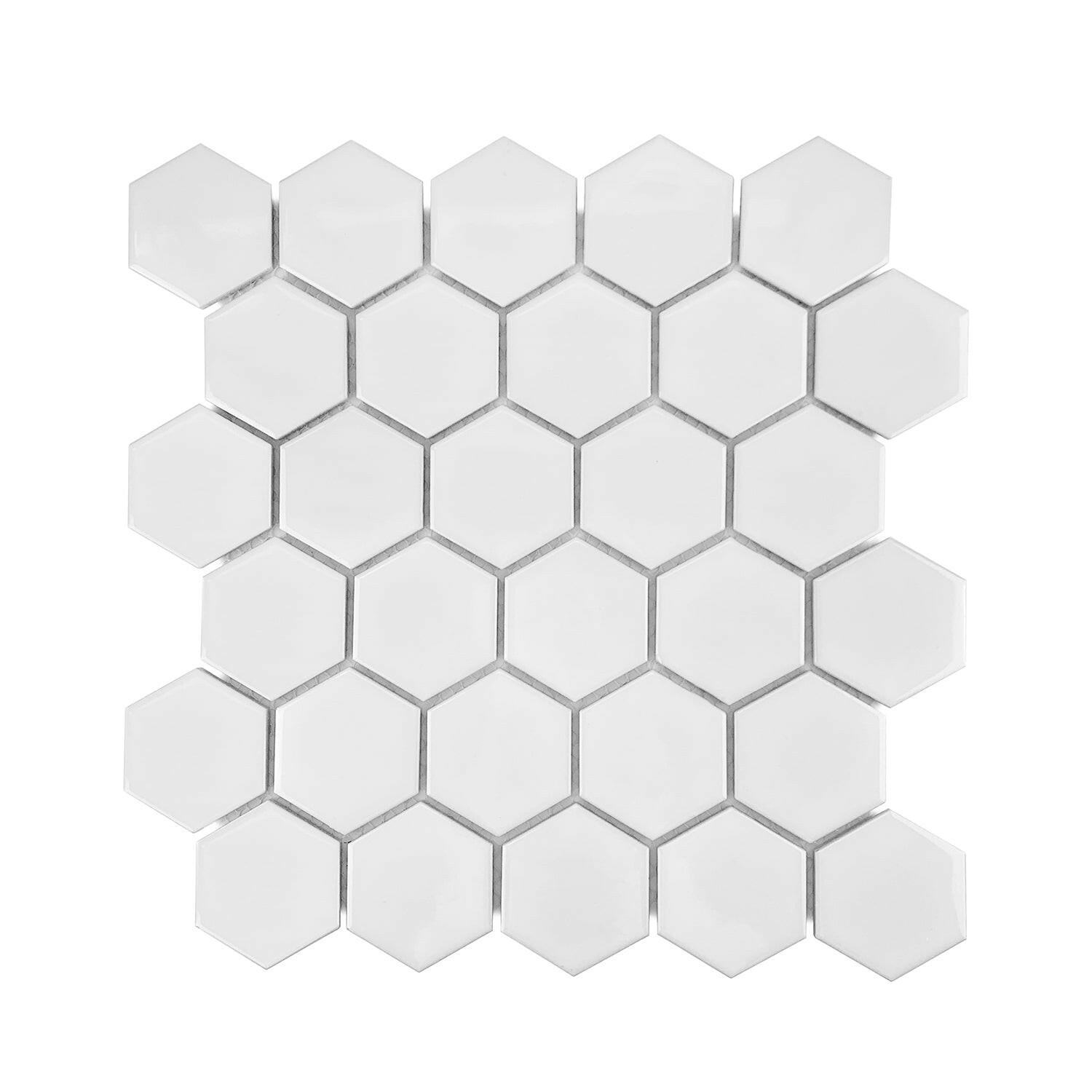 Gio White Glossy 2" Hexagon Porcelain Mosaic Tile-Porcelain Mosaic-American Tile Depot