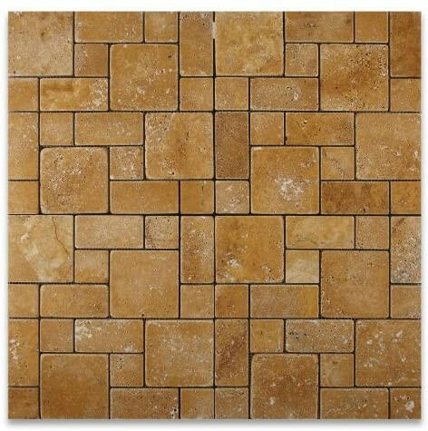 Gold / Yellow Travertine 3-Pieced Mini-Pattern Tumbled Mosaic Tile-Travertine Mosaic-American Tile Depot