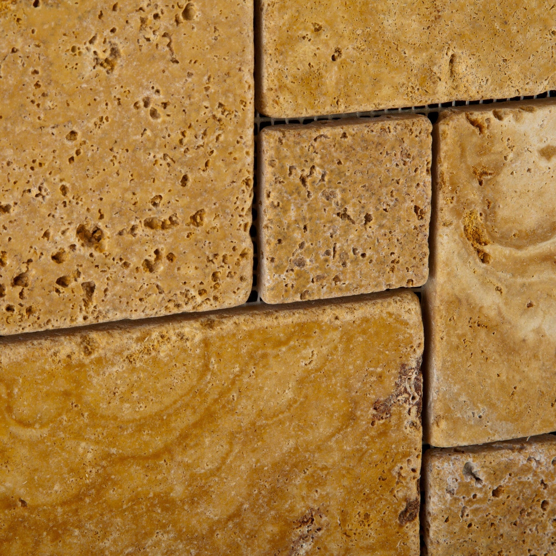 Gold / Yellow Travertine 4-Pieced OPUS Mini-Pattern Tumbled Mosaic Tile-Travertine Mosaic-American Tile Depot