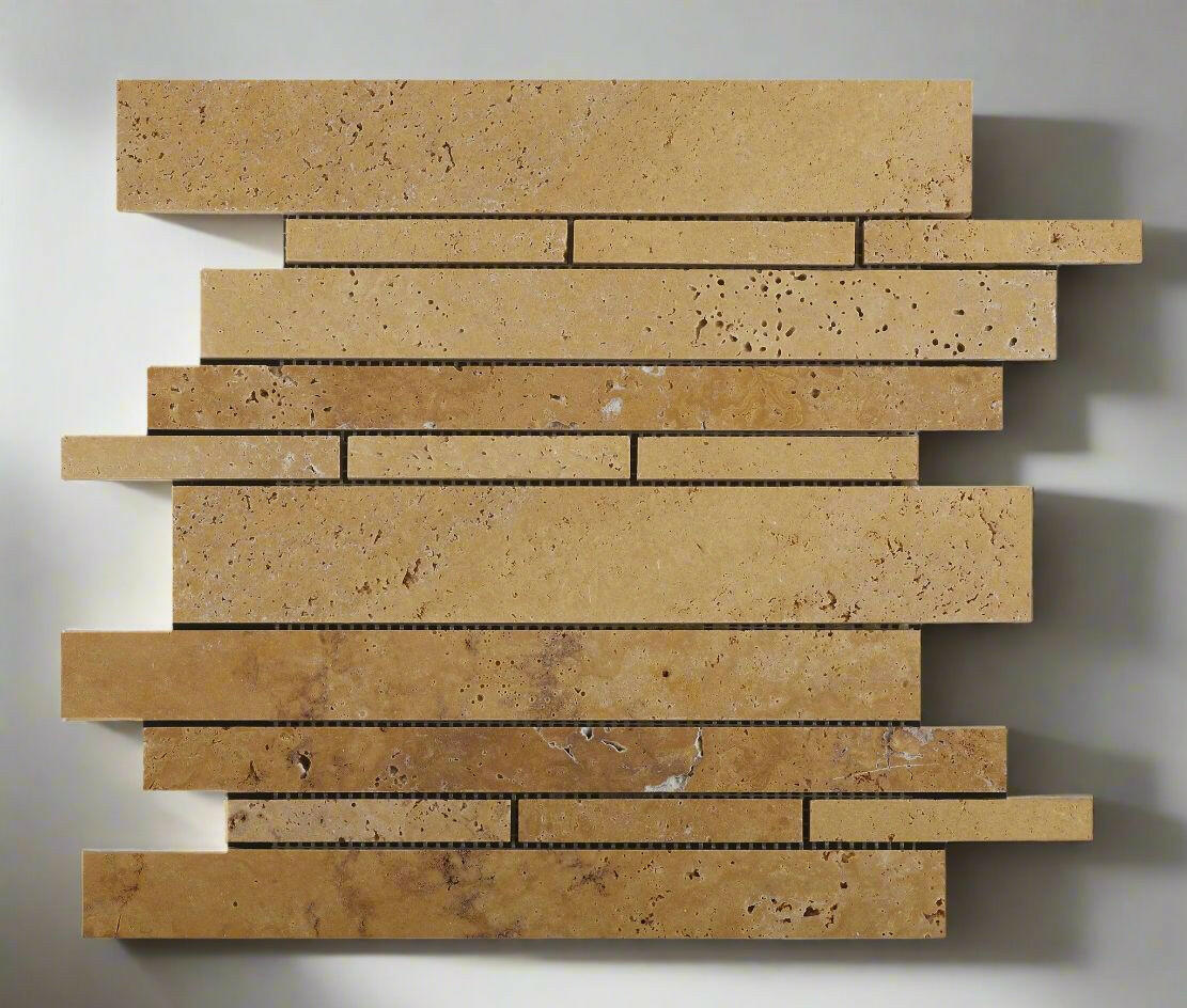 Gold / Yellow Travertine Honed Random Strip Mosaic Tile-Travertine Mosaic-American Tile Depot