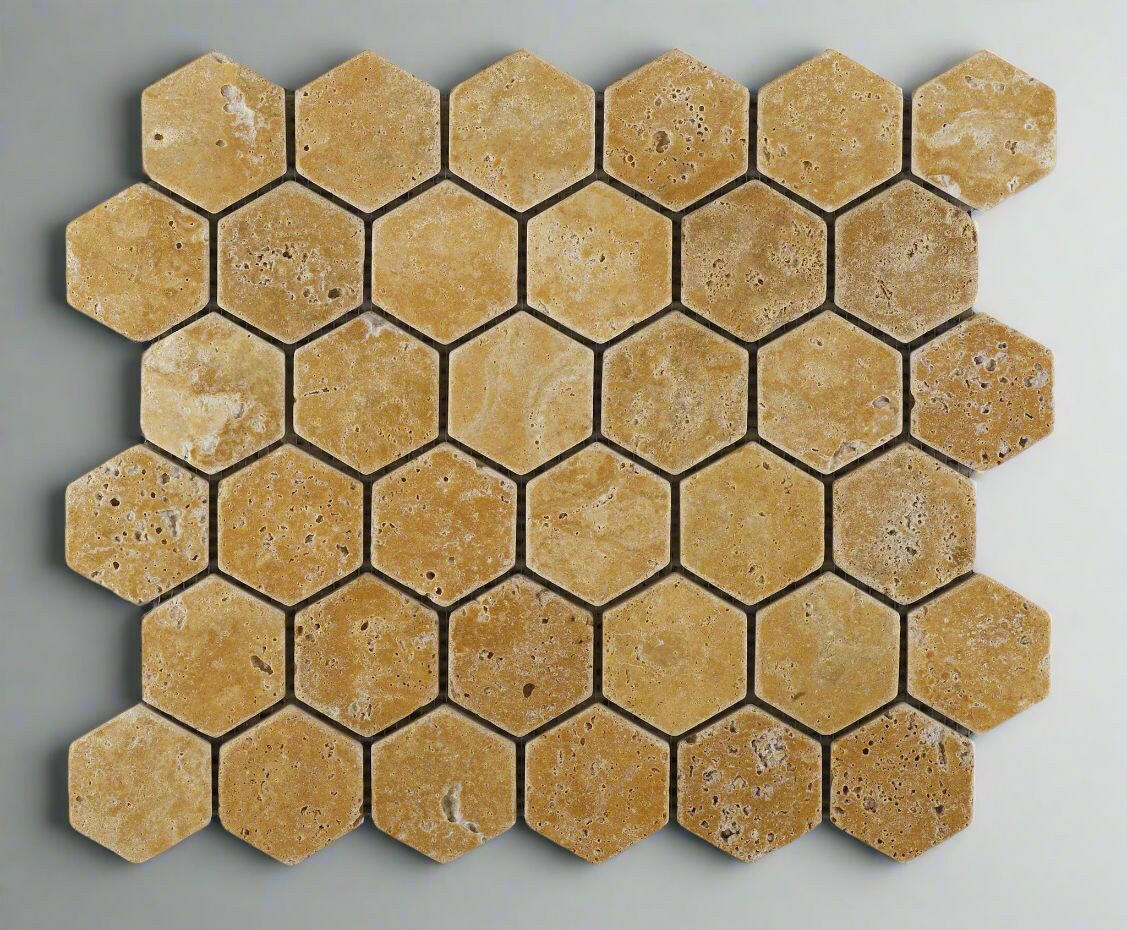 Gold / Yellow Travertine Tumbled 2'' Hexagon Mosaic Tile-Travertine Mosaic-American Tile Depot