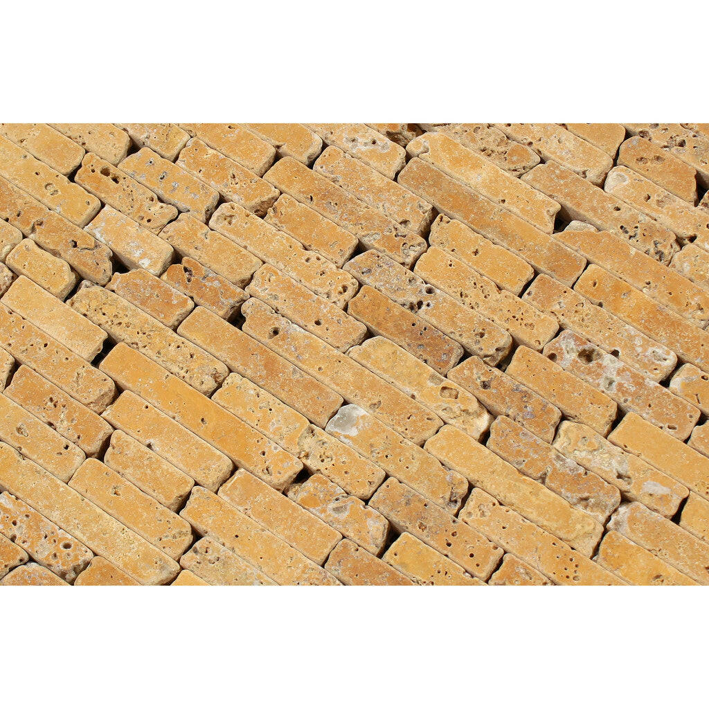 Gold / Yellow Travertine Tumbled Random Strip Mosaic Tile-Travertine Mosaic-American Tile Depot