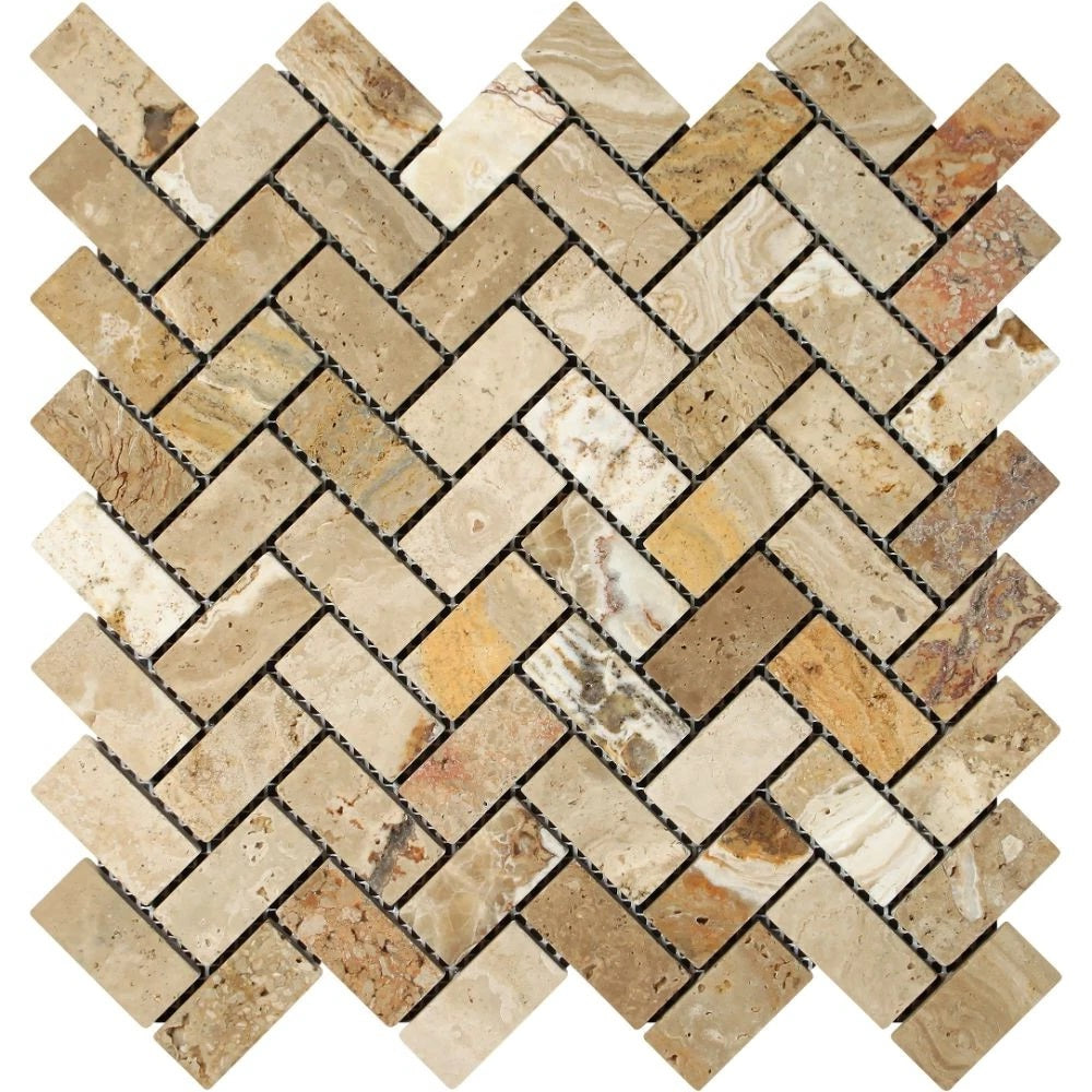 Valencia Travertine Tumbled 1 X 2 Herringbone Mosaic Tile-Travertine Mosaic-American Tile Depot