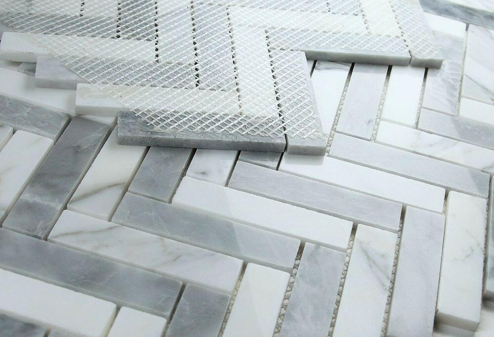 Herringbone City Grey Polished Marble Mosaic Tile-Marble Mosaic-American Tile Depot