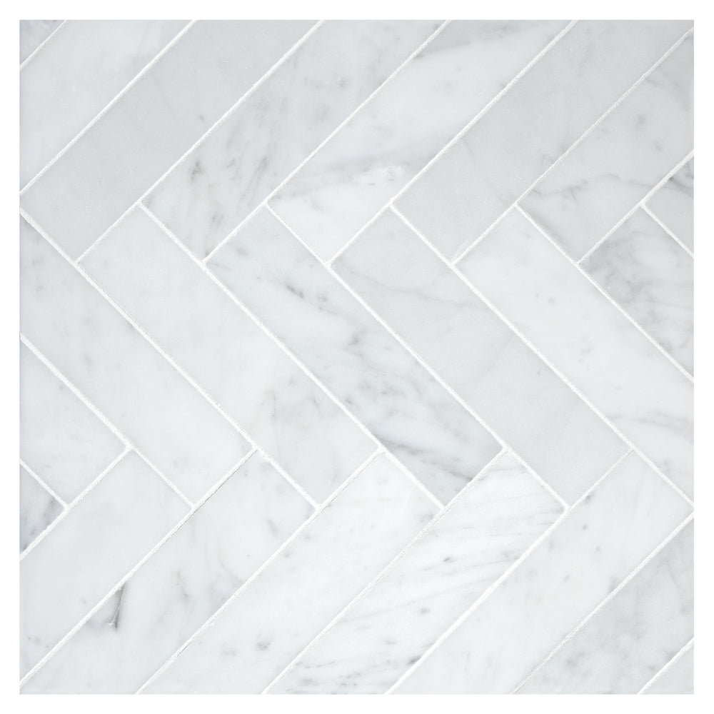 Carrara White Marble Polished 1.25 x 6 Herringbone Mosaic Tile-Marble Mosaic-American Tile Depot