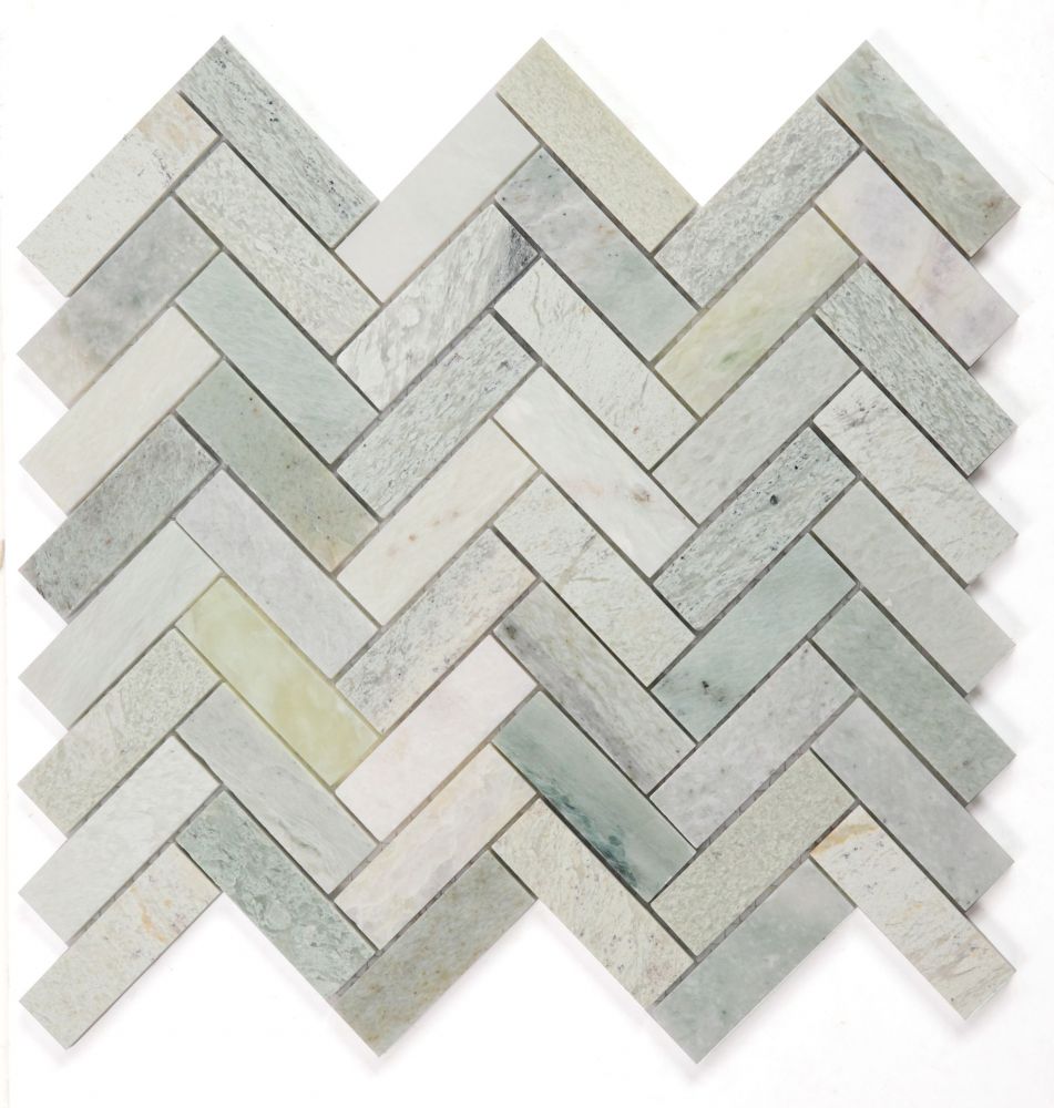 Sample of Herringbone Green Polished Marble Mosaic Tile-Sample-American Tile Depot