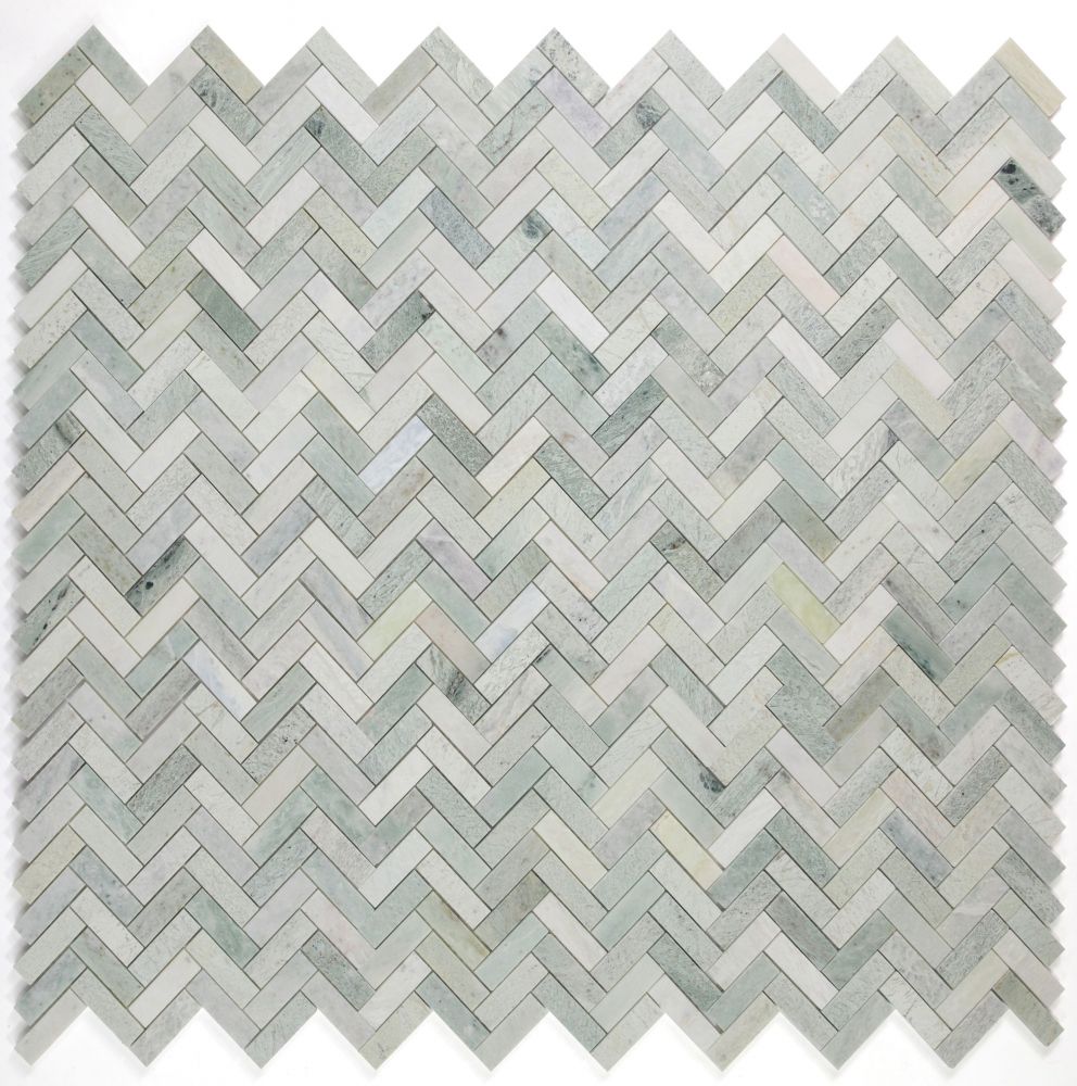 Sample of Herringbone Green Polished Marble Mosaic Tile-Sample-American Tile Depot