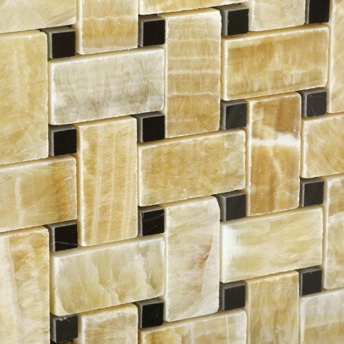 Honey Onyx Polished Basketweave Mosaic Tile w / Black Dots-Onyx Mosaic-American Tile Depot