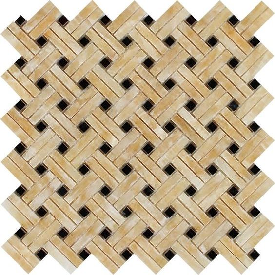 Honey Onyx Polished Stanza Basketweave Mosaic Tile w / Black Dots-Onyx Mosaic-American Tile Depot