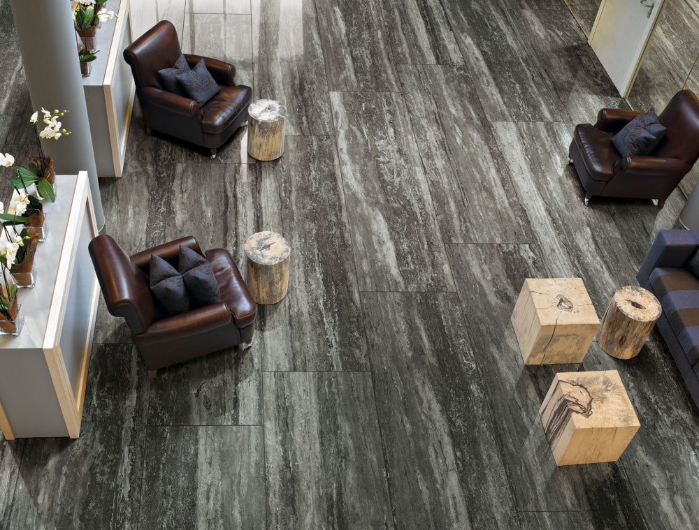 24 X 48 I-Travertini Black Glossy Travertine Look Porcelain Tile-PORCELAIN-Large Format-American Tile Depot