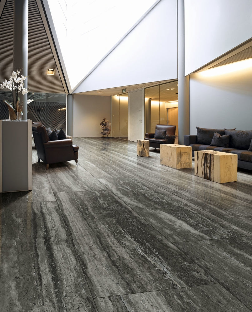 24 X 48 I-Travertini Black Glossy Travertine Look Porcelain Tile-PORCELAIN-Large Format-American Tile Depot