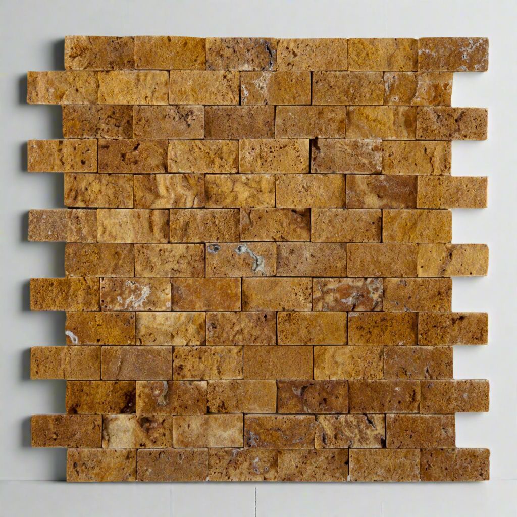 1 X 2 Gold / Yellow Travertine Split-Faced Brick Mosaic Tile-Travertine Mosaic-American Tile Depot