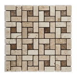 Ivory Travertine Tumbled  (Large) Pinwheel Mosaic Tile w/ Noce Dots