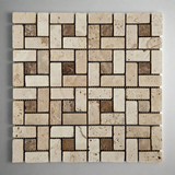 Ivory Travertine Tumbled  (Large) Pinwheel Mosaic Tile w/ Noce Dots