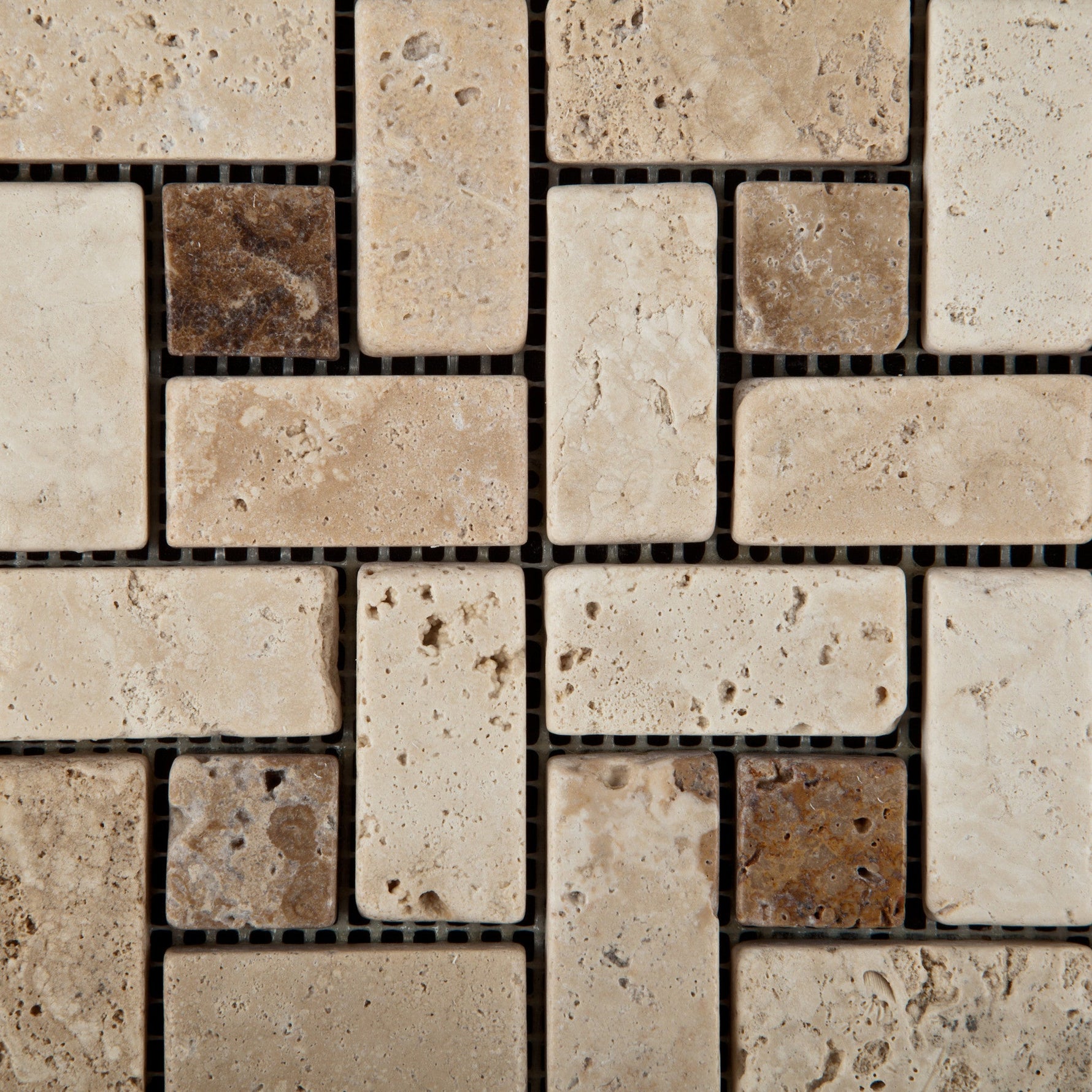 Ivory Travertine Tumbled  (Large) Pinwheel Mosaic Tile w/ Noce Dots