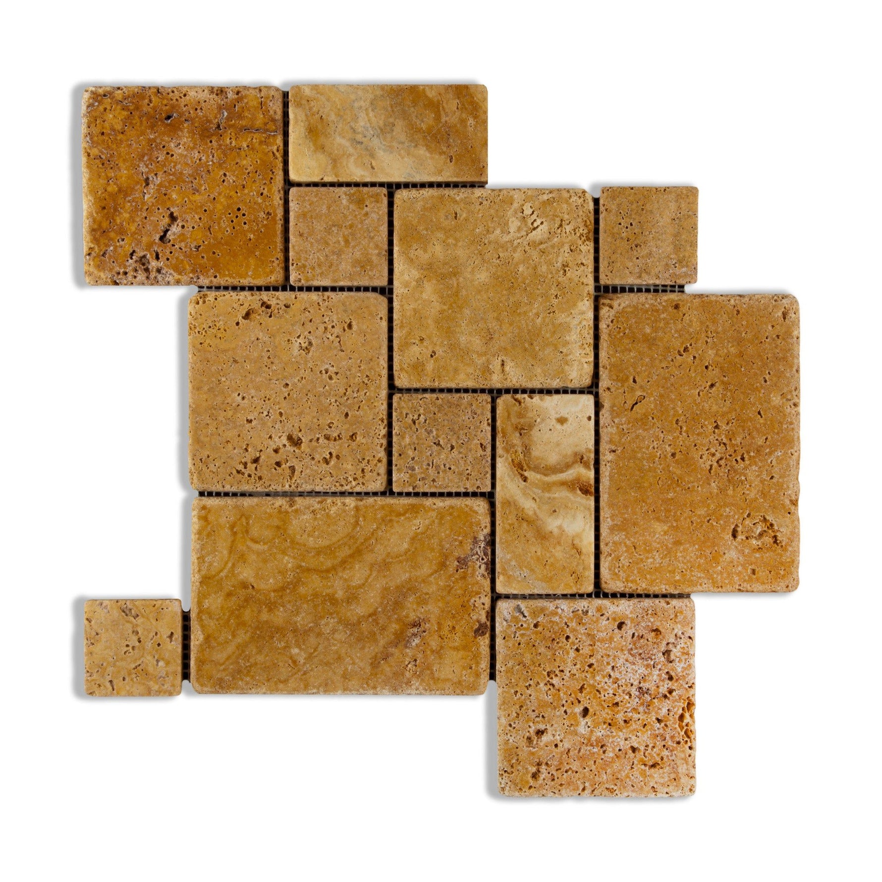 Gold / Yellow Travertine 4-Pieced OPUS Mini-Pattern Tumbled Mosaic Tile-Travertine Mosaic-American Tile Depot